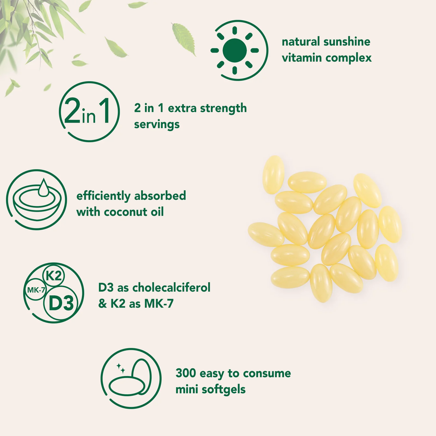 VEV Vitamin D3 K2 10000 IU, 300 Coconut Oil Softgels